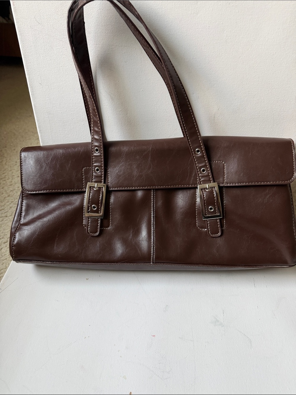 Kenneth Cole Dark Brown Leatherette Shoulder Bag with Buckle Straps